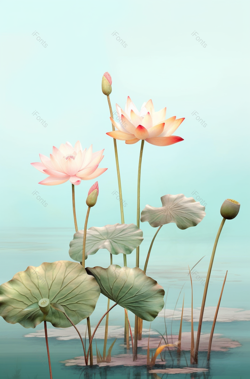 绿色写实派荷花荷塘清新插画背景,插画/手绘图,插画/手绘图库,插画/手绘图下载,插画/手绘